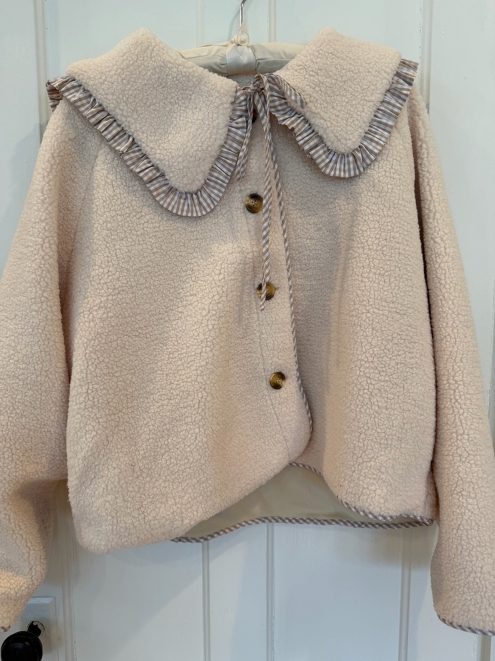 Teddy Jacket with Gingham Ruffle Collar & Buttons - Cream - Picture 2 of 7